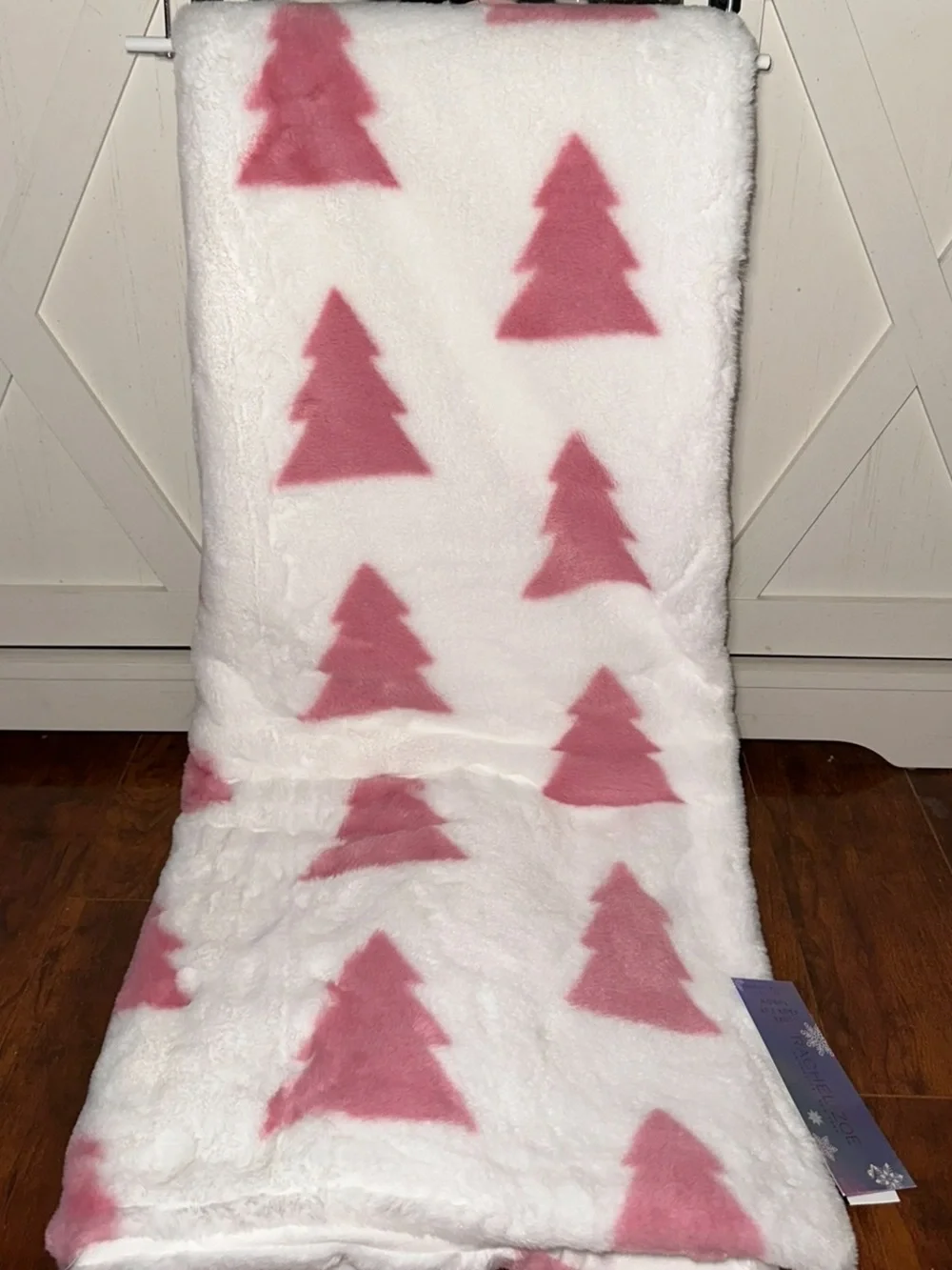 Rachel Zoe Cozy White Faux Fur Throw Blanket with Pink Christmas Tree Pattern